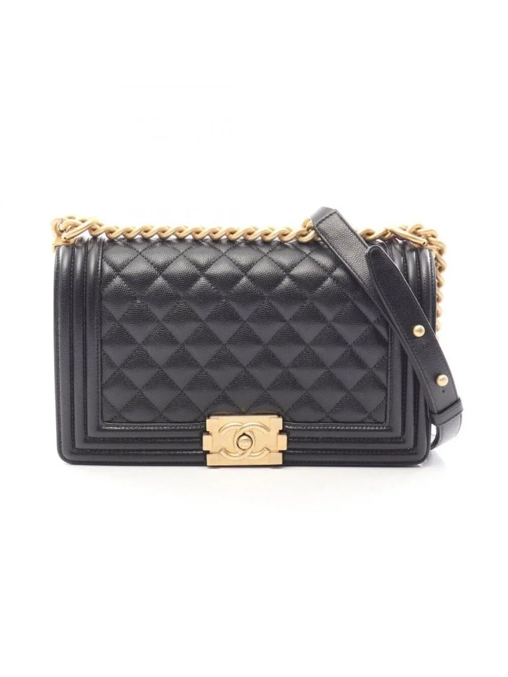 Chanel Shoulder Bag Boy Black Caviar Leather Chain